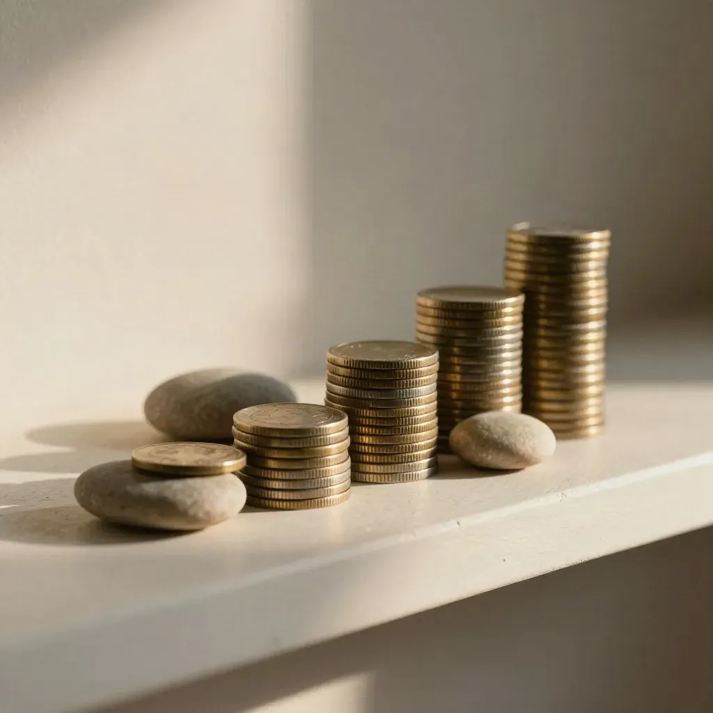 Five coin stacks and two pebbles on a plaster shelf, softly lit in a calm finance still life.