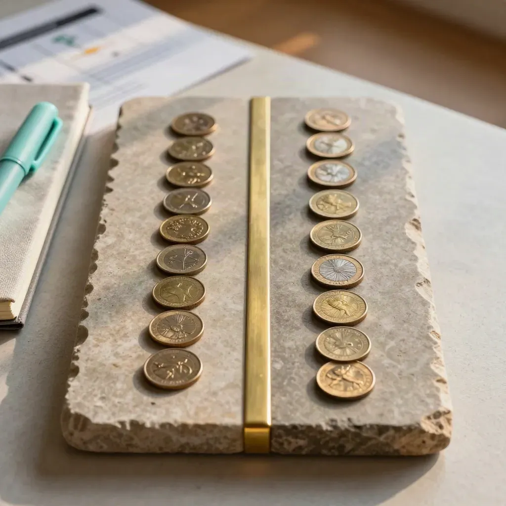 Top-down finance still life with two coin paths, brass divider, and closed notebook on stone.
