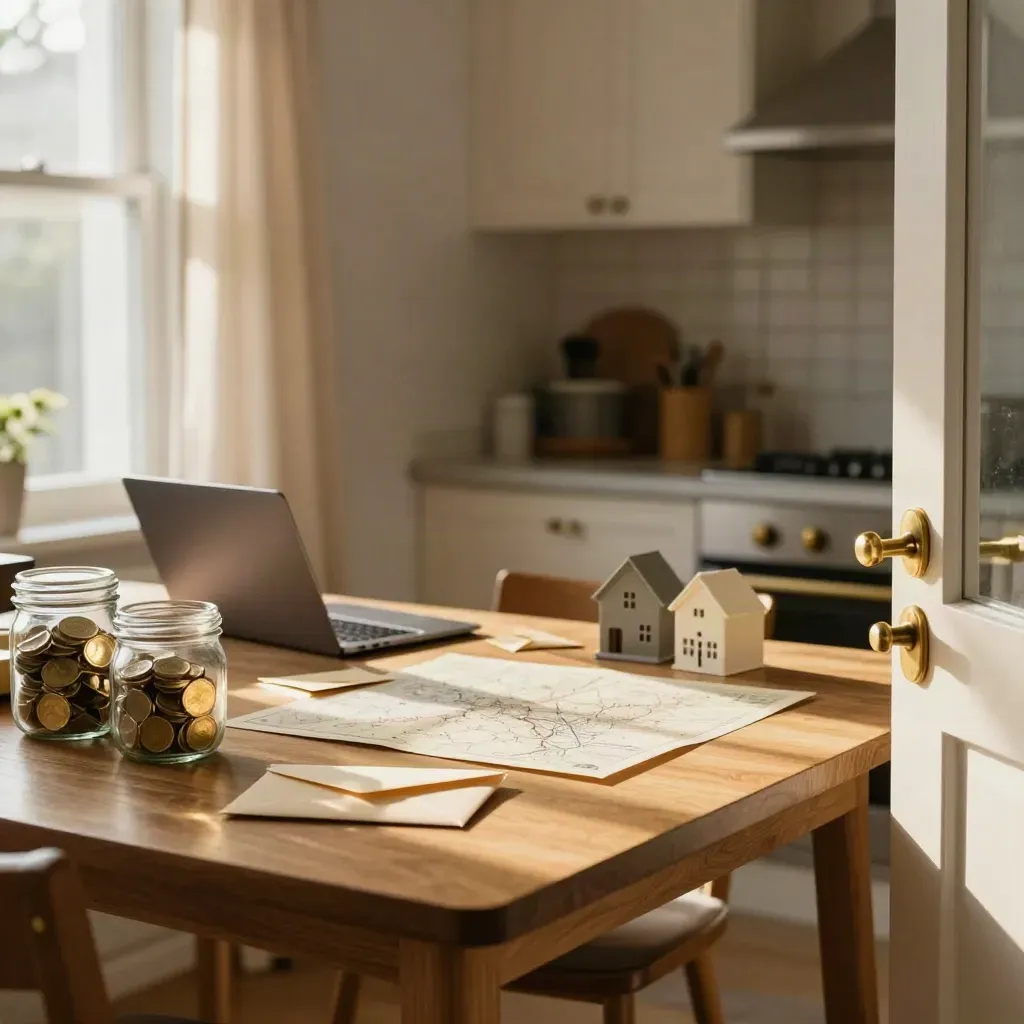 Sunlit family kitchen table with coin jars, envelopes, a house model, and a closed laptop.
