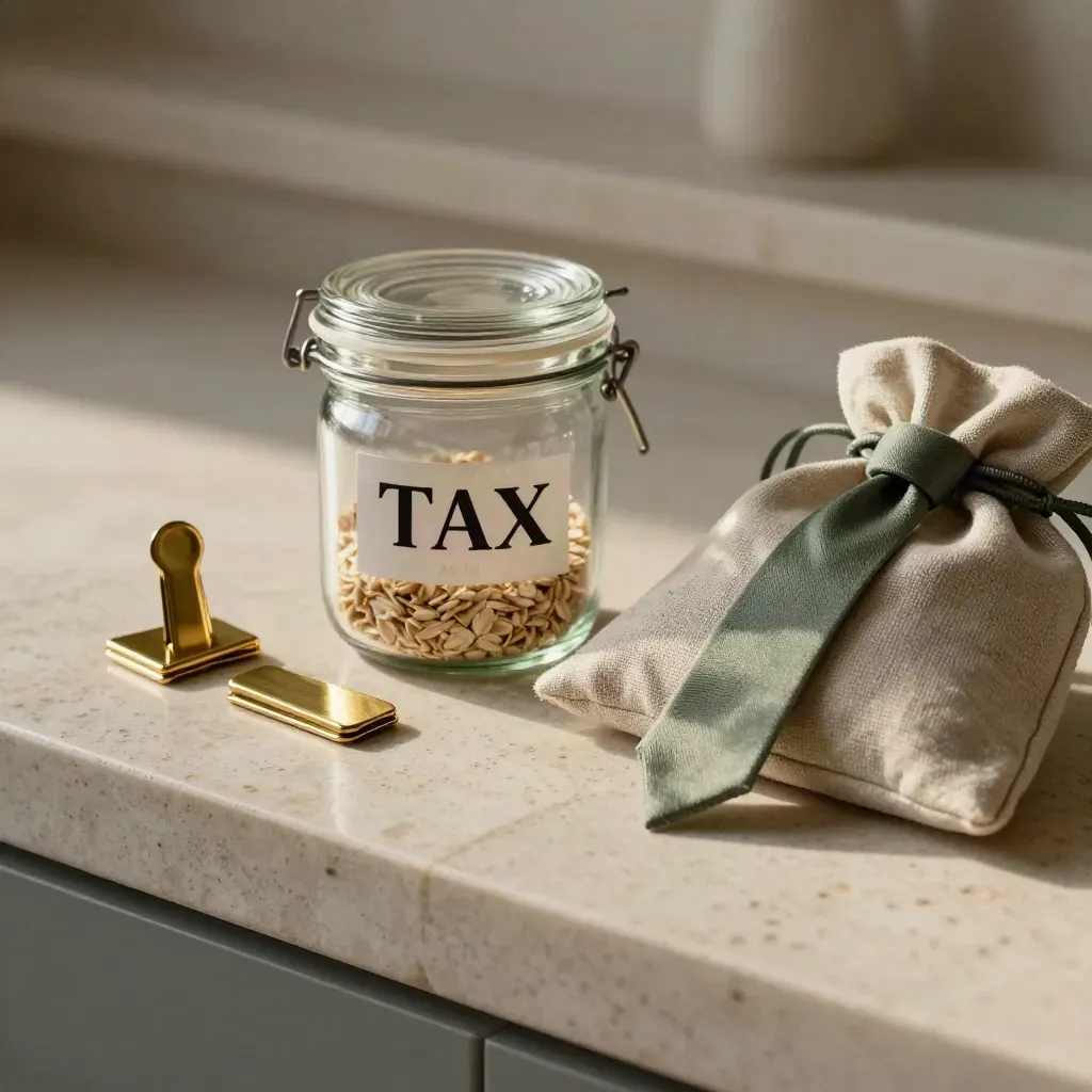 Glass jar, brass clips, and linen pouch on stone in a calm tax-savings still life.