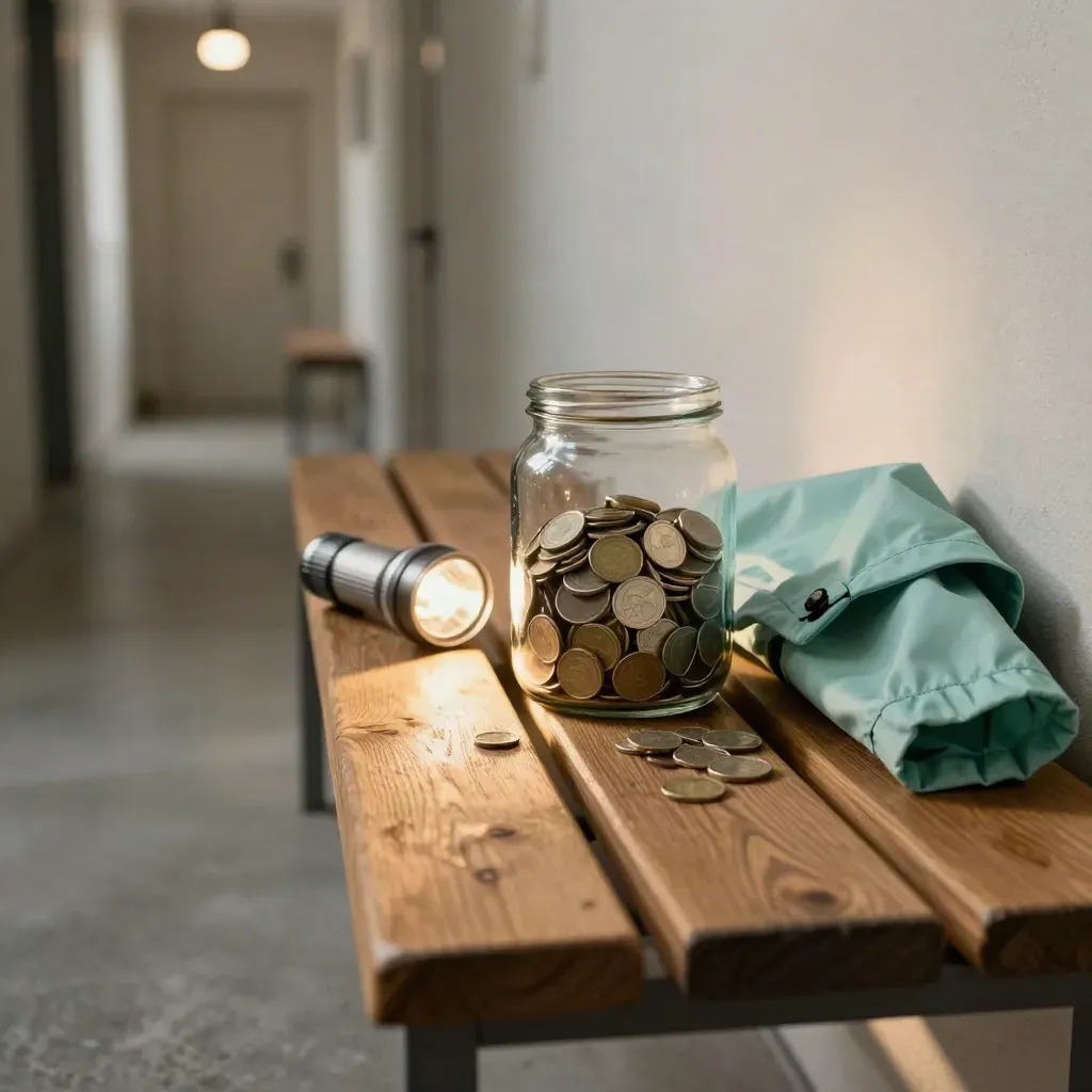 Coin jar, flashlight, and folded rain shell on a hallway bench in warm afternoon light.