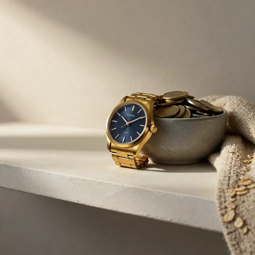 Brass watch, coin bowl, and folded oatmeal throw on a pale plaster shelf in soft light.